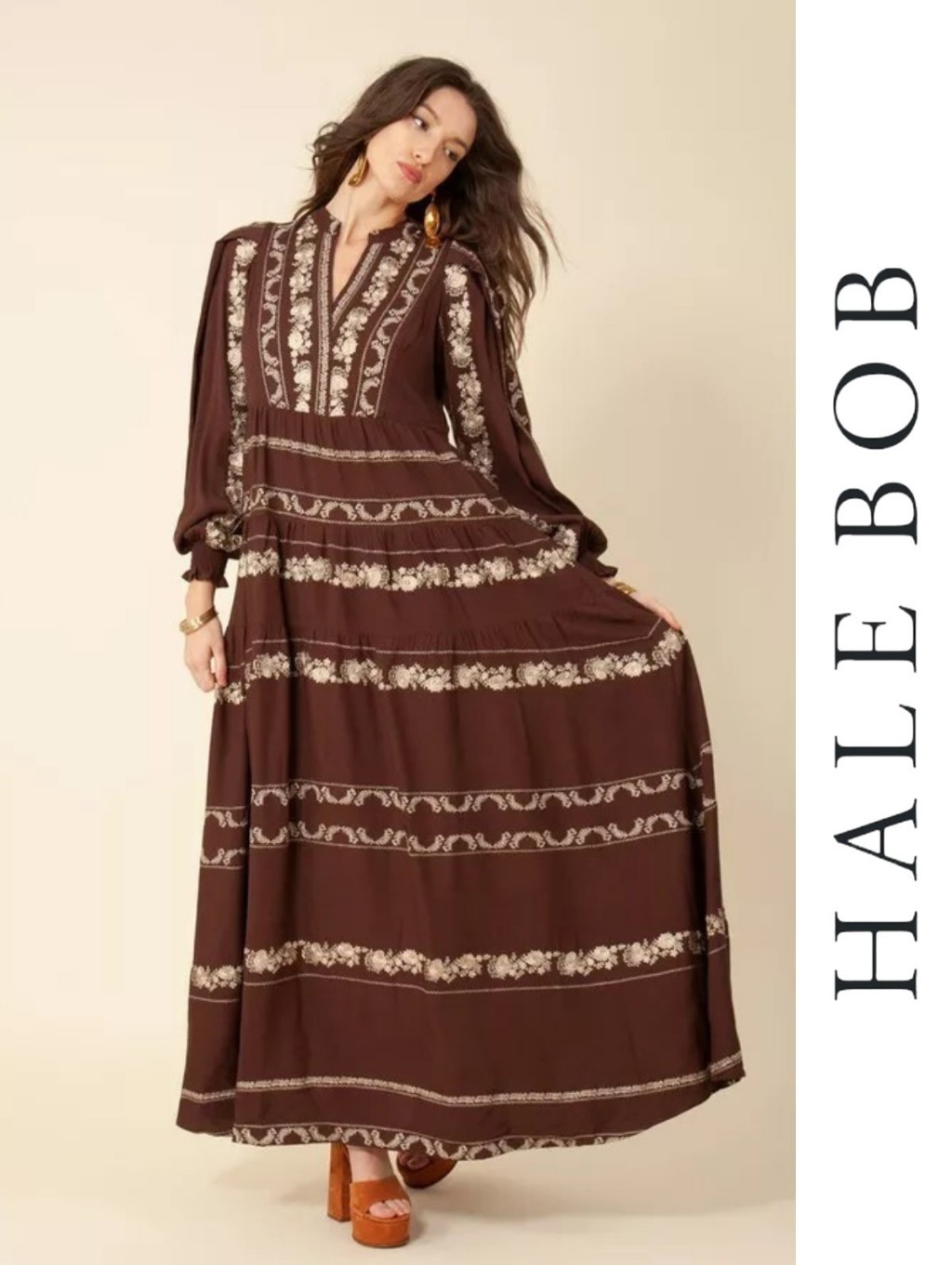 Hale Bob | Luna Embroidered Maxi Dress Brown Gold Cotton Long-Sleeve S/M